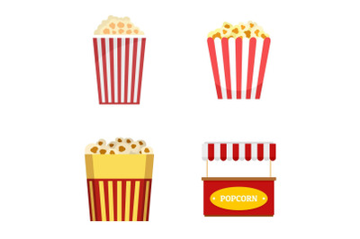 Popcorn cinema box striped icons set, flat style