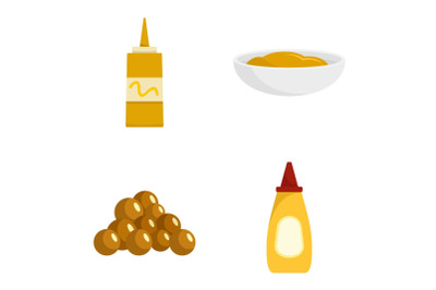 Mustard seeds sauce bottle icons set, flat style