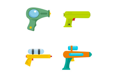 Squirt gun water pistol game icons set, flat style