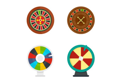 Roulette wheel fortune icons set, flat style