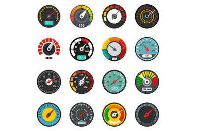 Speedometer level indicator icons set, flat style