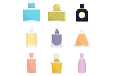 Fragrance bottles perfume icons set, flat style