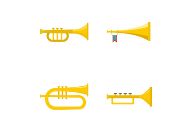 Trumpet horn musical instrument icons set, flat style