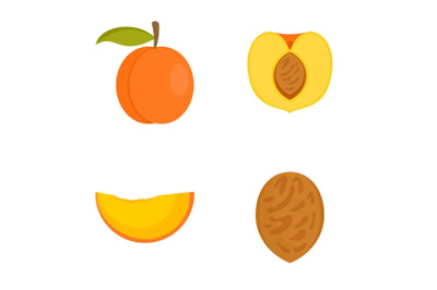 Peach tree slices fruit half icons set, flat style