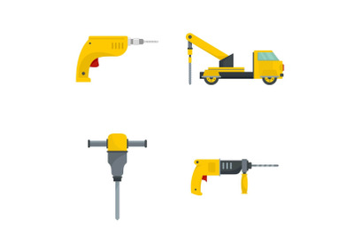 Drilling machine electric icons set, flat style