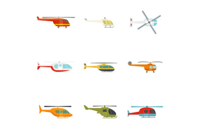 Helicopter military aircraft icons set, flat style