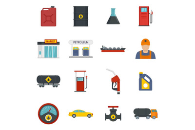 Petrol station gas fuel shop icons set, flat style