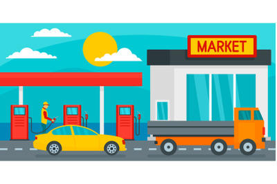Petrol station with market background, flat style