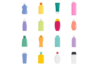 Shampoo bottle hair care icons set, flat style