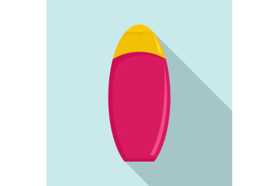 Pink cosmetic bottle icon, flat style