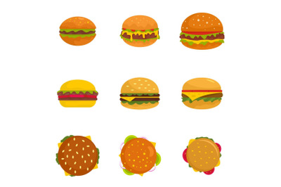 Burger sandwich bread bun icons set, flat style