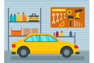 Car in home garage background, flat style