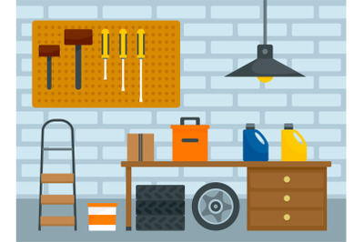 Home car garage background, flat style