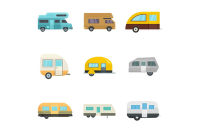 Motorhome car trailer house icons set, flat style
