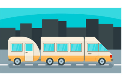 Camp truck with trail background, flat style