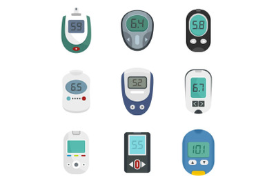 Glucose meter sugar test icons set, flat style