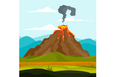 Eruption of volcano background, flat style
