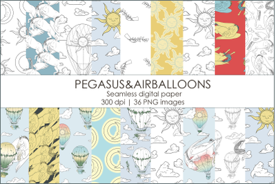 Pegasus and Airballoons Digital Papers Set. Seamless Patterns