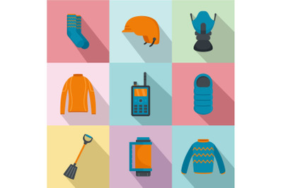 Underwater clothing icons set, flat style