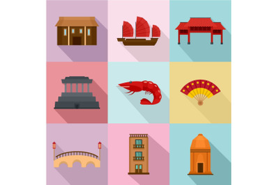 Asia journalism icons set, flat style