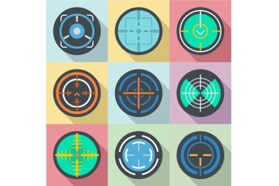 Aimed fire icons set, flat style