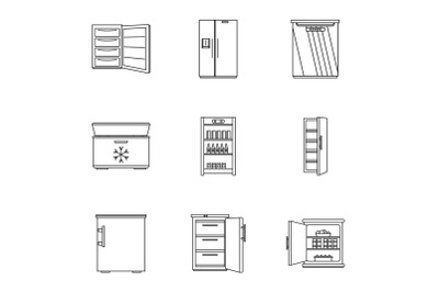 Refrigerated carton icons set, outline style