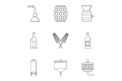 Beer distillation icons set, outline style