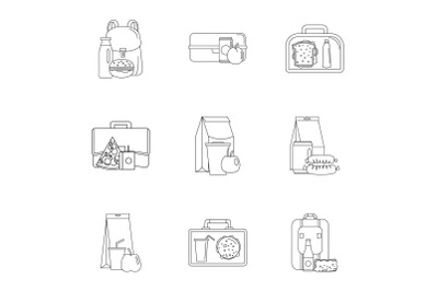 Takeout food icons set, outline style