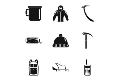 Hiking habiliment icons set, simple style