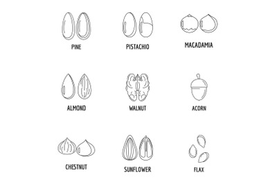 Walnut oil icons set, outline style