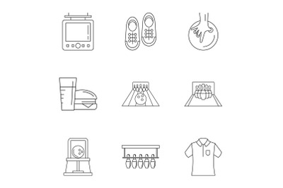 Bowling alley icons set, outline style
