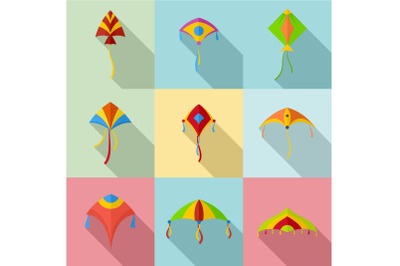 Flying kite icons set, flat style