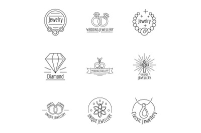 Diamond jewelry icons set, outline style