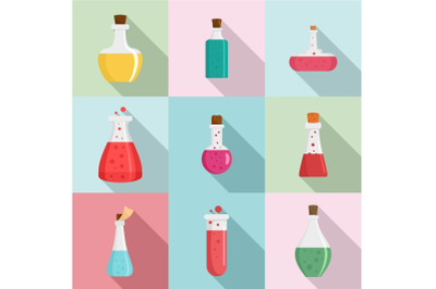 Chemical flask icons set, flat style