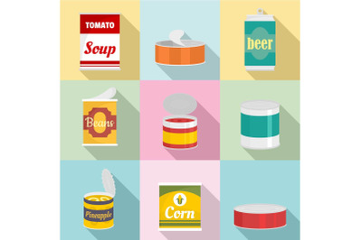 Canned icons set, flat style