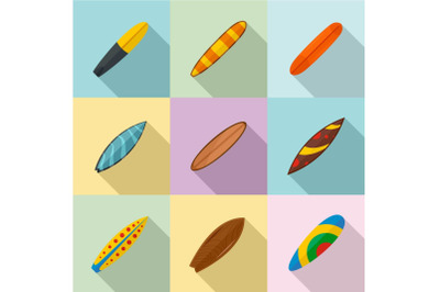 Surf board icons set, flat style