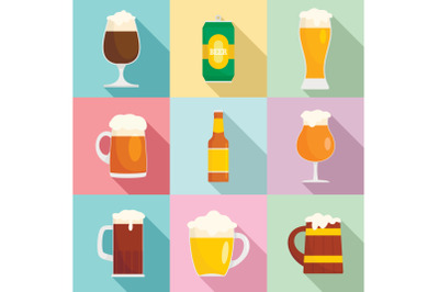 Beer bottles glass icons set, flat style
