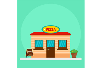 Pizza street market shop background, flat style