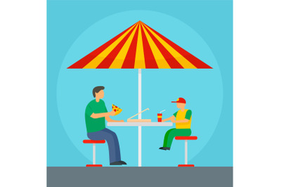 Father and son eat pizza background, flat style