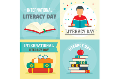 Literacy Day book banner concept set, flat style