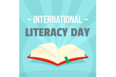 Open book literacy day background, flat style