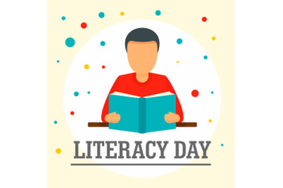 Man with book literacy day background, flat style