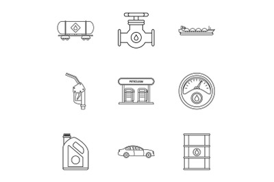 Filling gasoline icons set, outline style