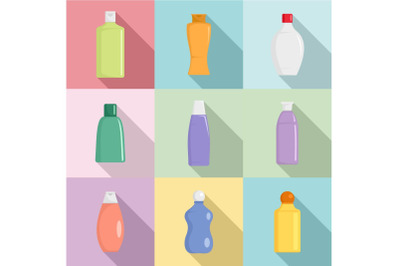 Packing bottle icons set, flat style