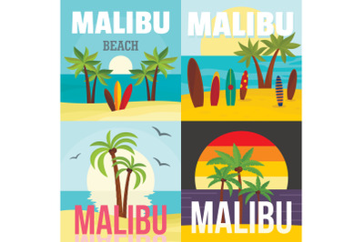 Malibu beach surf banner concept set, flat style