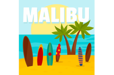 Malibu surf board beach background, flat style