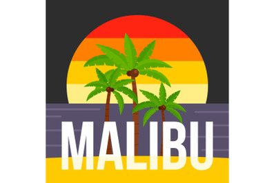 Sunset palm tree malibu beach background, flat style