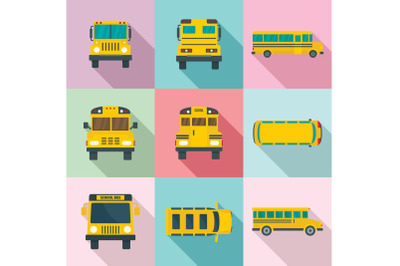 School bus back kids icons set, flat style