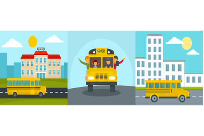 School bus kids banner concept set, flat style