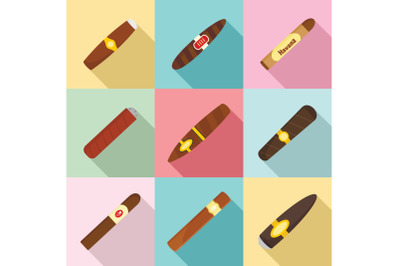 Cigar cuban paper weed icons set, flat style